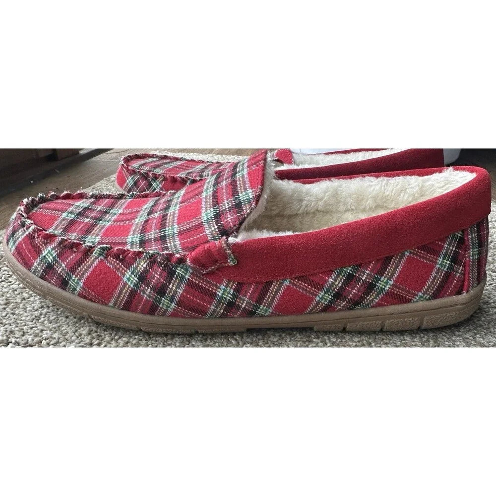Lands’ End Red Plaid Faux Fur Lined Moccasin Slippers Men’s Size 10